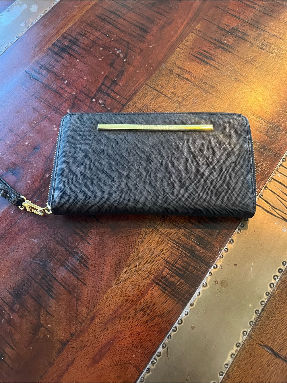 Steve Madden Black Saffiano Zip Wallet with Gold Accent